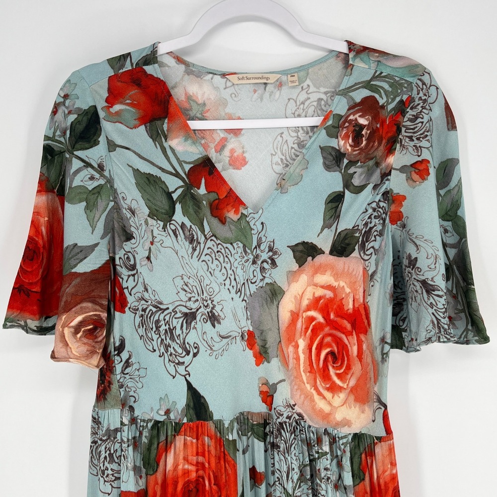 Soft Surroundings Floral Midi Dress Blue Rose Print Tiered Boho Prairie PM - Picture 4 of 6